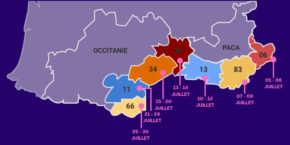 Carte des étapes de la tournée dans le sud de la France